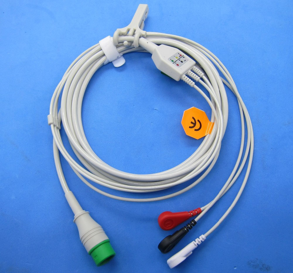 ЭКГ кабель отведений для монитора пациента Comen C50, C60, C70, C80, STAR 8000A (2018 г.в.), STAR 8000D (после 2015 г.в.), 3 отведений, кнопки
