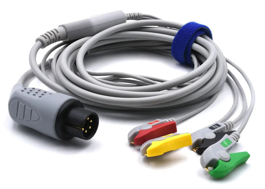 ЭКГ кабель пациента для  монитора пациента IVY Biomedical 7800 Cardiac Monitor, цельный кабель, 4 отведения, 6 pin, зажимы