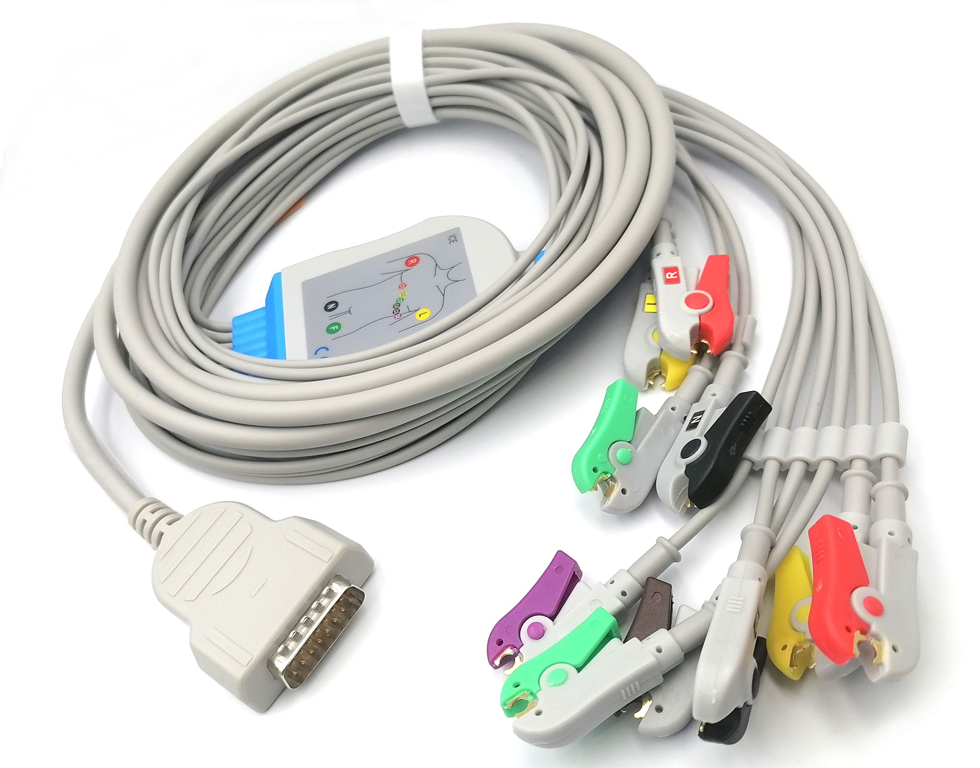 ЭКГ кабель пациента с интегрированными отведениями для GE Marquette  MAC 400, MAC 500, MAC 600, MAC 800, MAC 1000, MAC 1100, MAC 1200, MAC 1200ST, MAC 1600, MAC 2000, MAC 3500, Microsmart M, Hellige Micro Smart, 10 отведений, клипсы