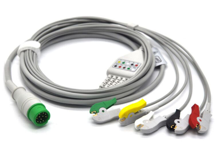 ЭКГ кабель отведений для монитора пациента Comen C50, C60, C70, C80, WQ-001, WQ-004, STAR 8000A (2018 г.в.), STAR 8000D (после 2015 г.в.), 12-Pin, 5 отведений, прищепки