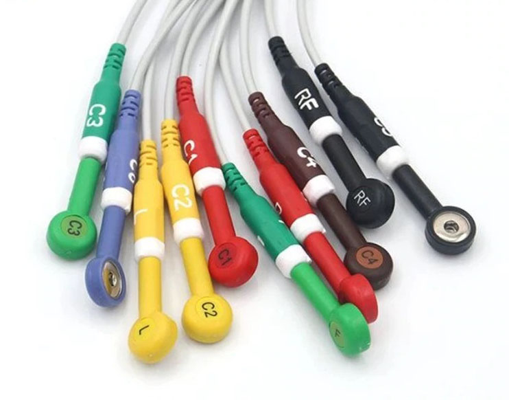 Набор переходников ЭКГ разноцветные с обозначениями отведений, 10 шт в упаковке, с 4мм Banana на кнопку Snap